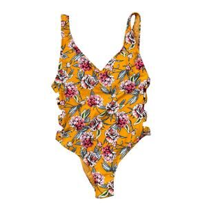 Xhilaration NWT Yellow Pink Roses Cut Out Sides One Piece Swim Size Large